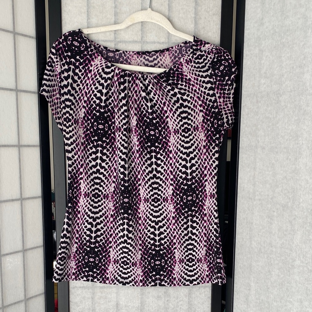 Worthington Purple and Black Patterned Short Sleeve Blouse Petite Medium